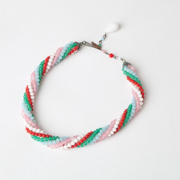 Vintage Beaded Choker Necklace Red Green Light Blue Pink White Glass Beads - Picture 4 of 12